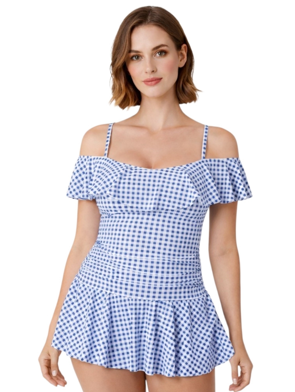 Simply Slim swim dress womens off shoulder ruffle blue gingham sz 2x - Picture 13 of 13
